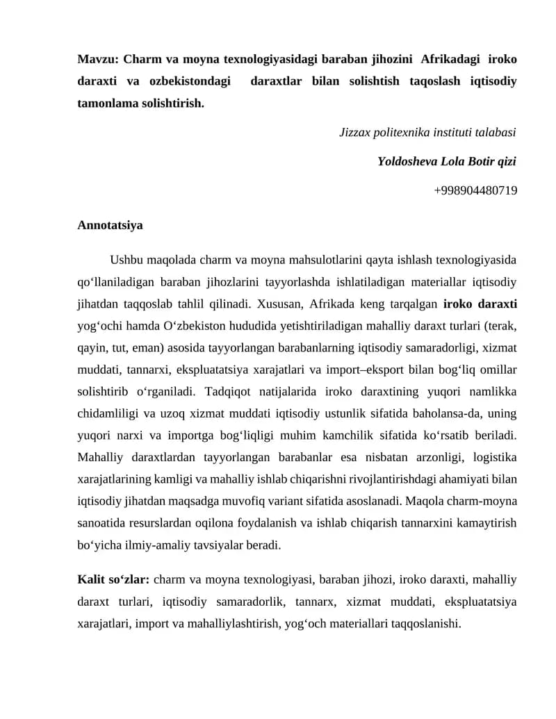Baraban jihozlarini tayyorlashda ishlatiladigan materiallar iqtisodiy jihatdan taqqoslab tahlil qilish