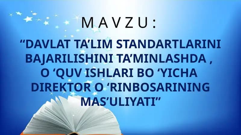 Davlat ta'lim standartlarini bajarilishini ta'minlashda, O'quvishlar, bo'yicha direktor o'rinbosarining mas'uliyati