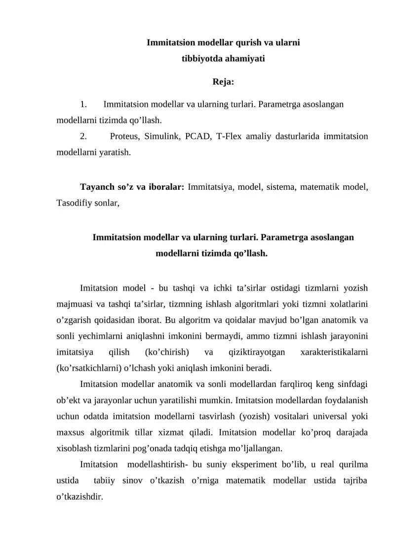 Immitatsion modellar va ularning turlari