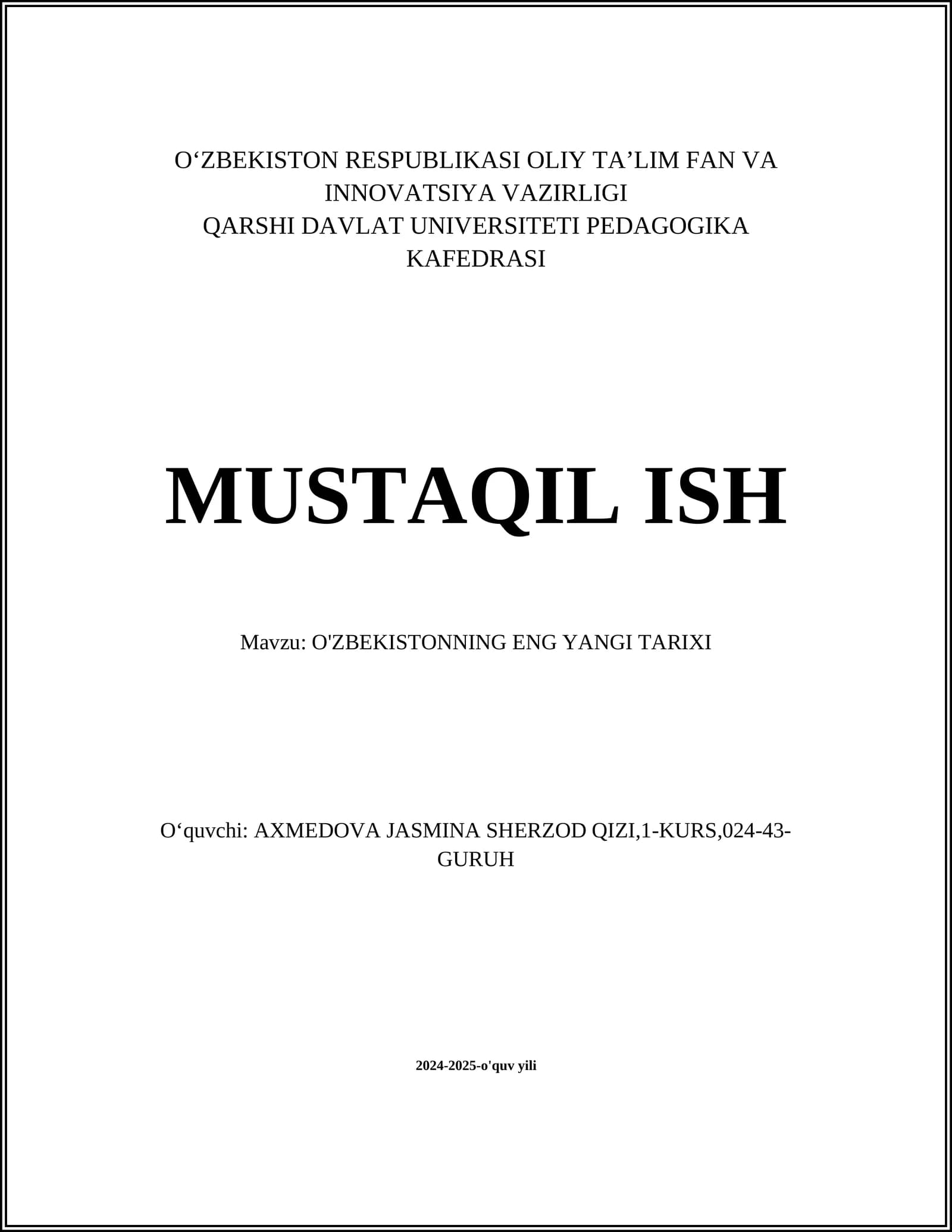 O'ZBEKISTONNING ENG YANGI TARIXI