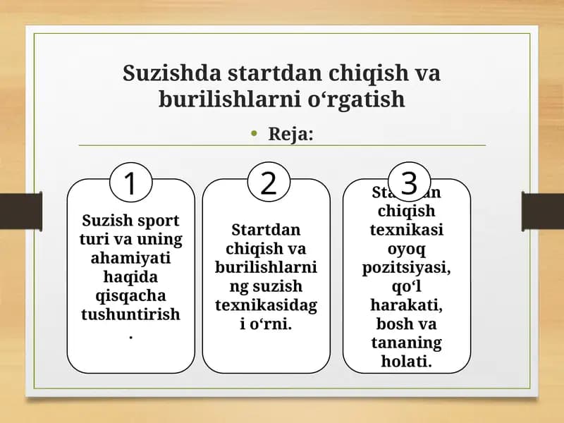 Suzishda startdan chiqish va burilishlarni oʻrgatish