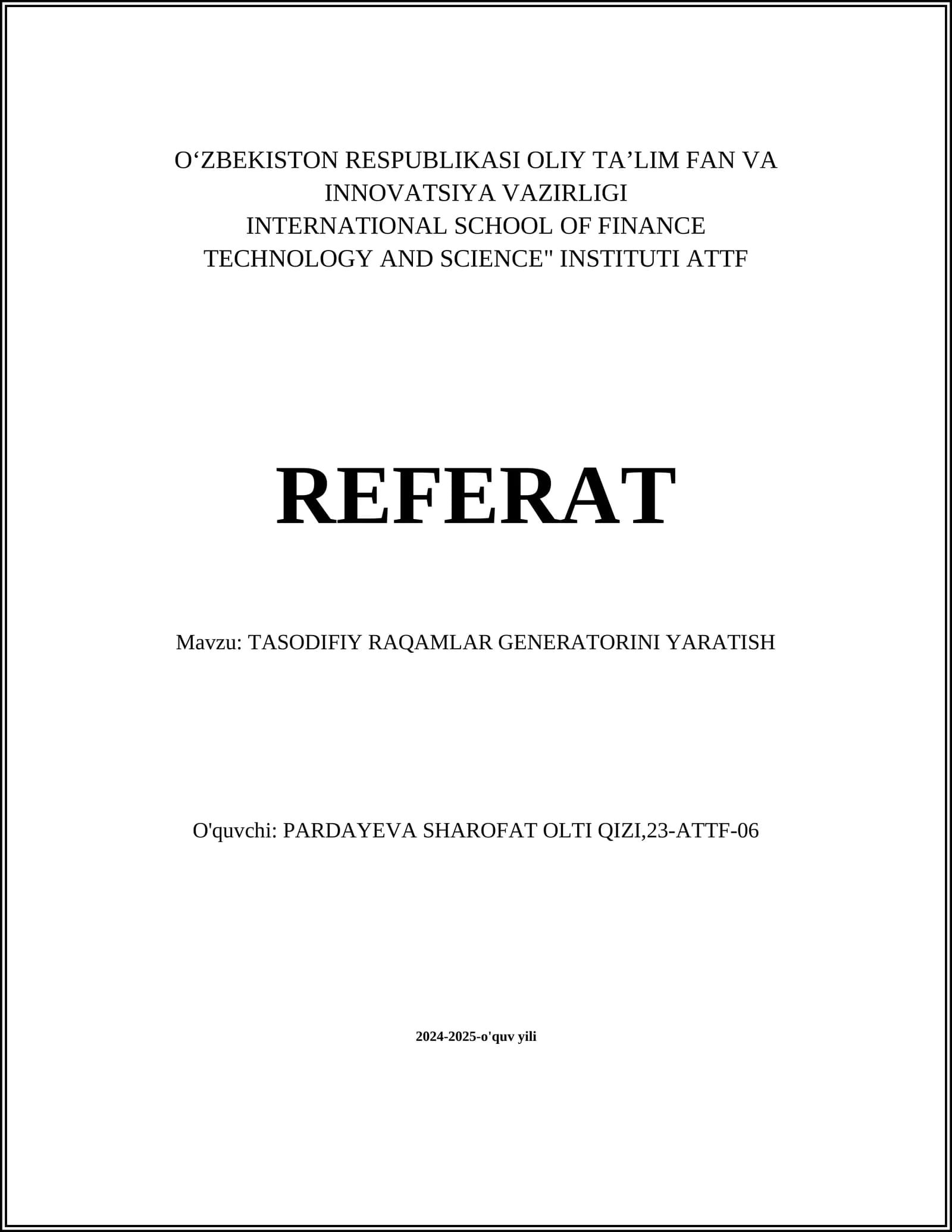 TASODIFIY RAQAMLAR GENERATORINI YARATISH