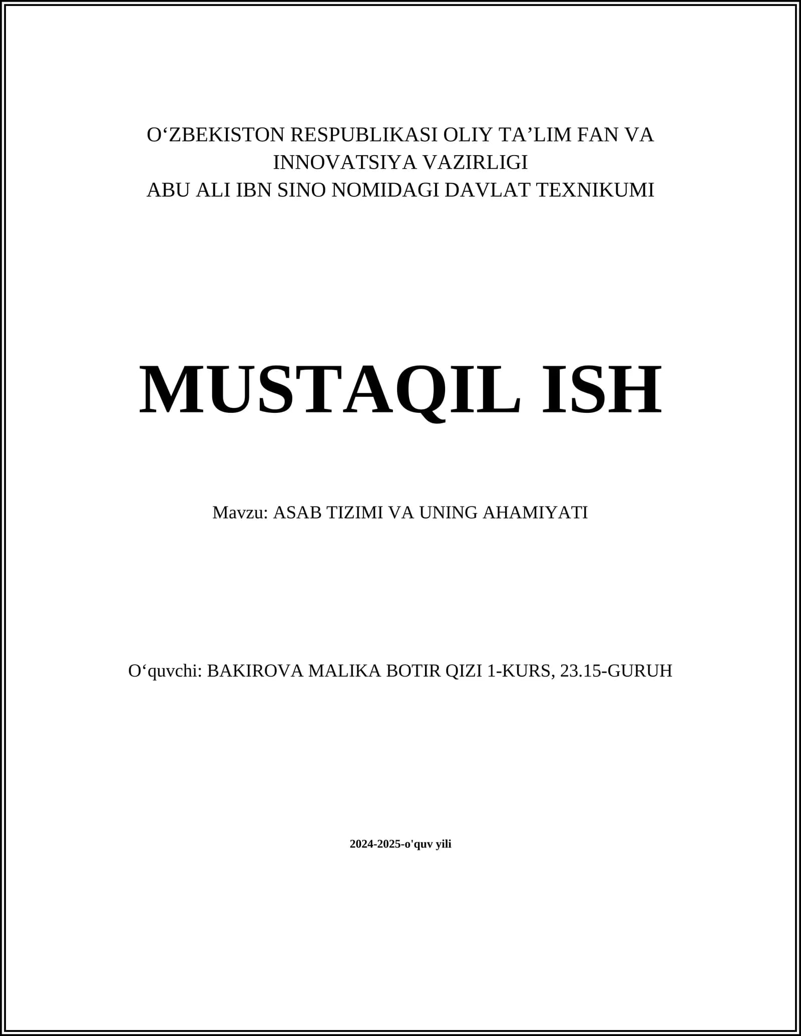 ASAB TIZIMI VA UNING AHAMIYATI