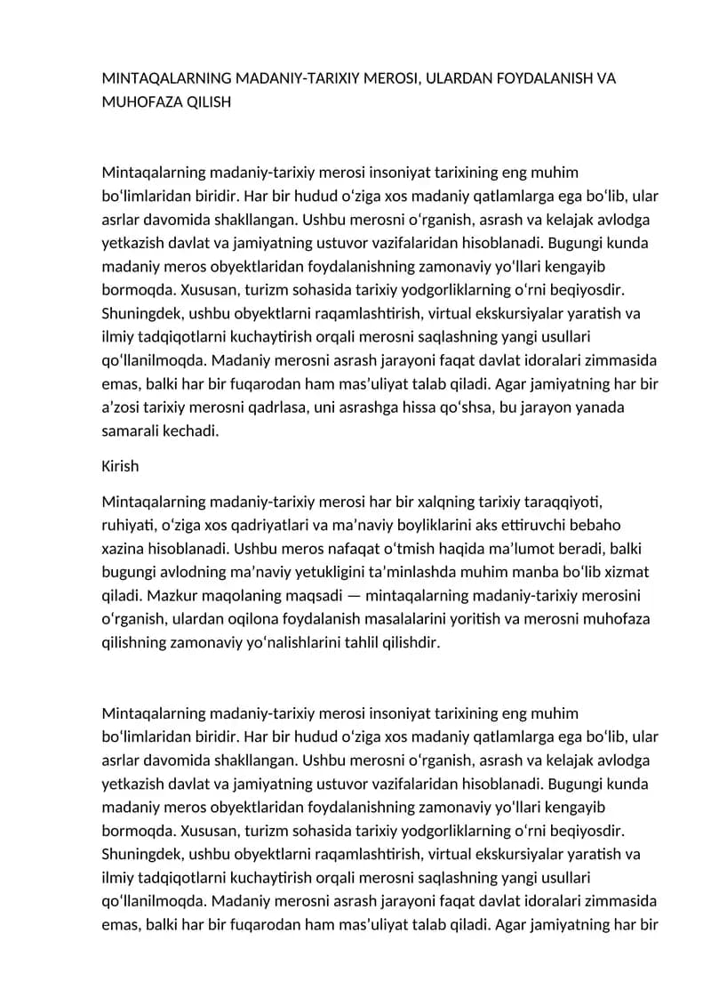 MINTAQALARNING MADANIY-TARIXIY MEROSI