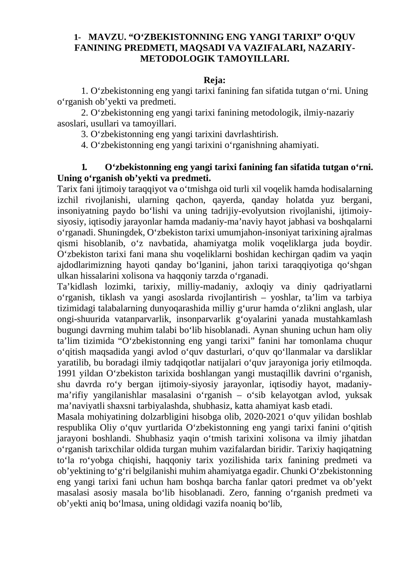 O‘zbekistonning eng yangi tarixi fanining metodologik asoslari