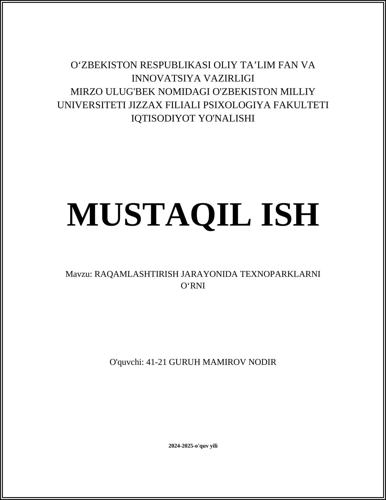 RAQAMLASHTIRISH JARAYONIDA TEXNOPARKLARNI O‘RNI