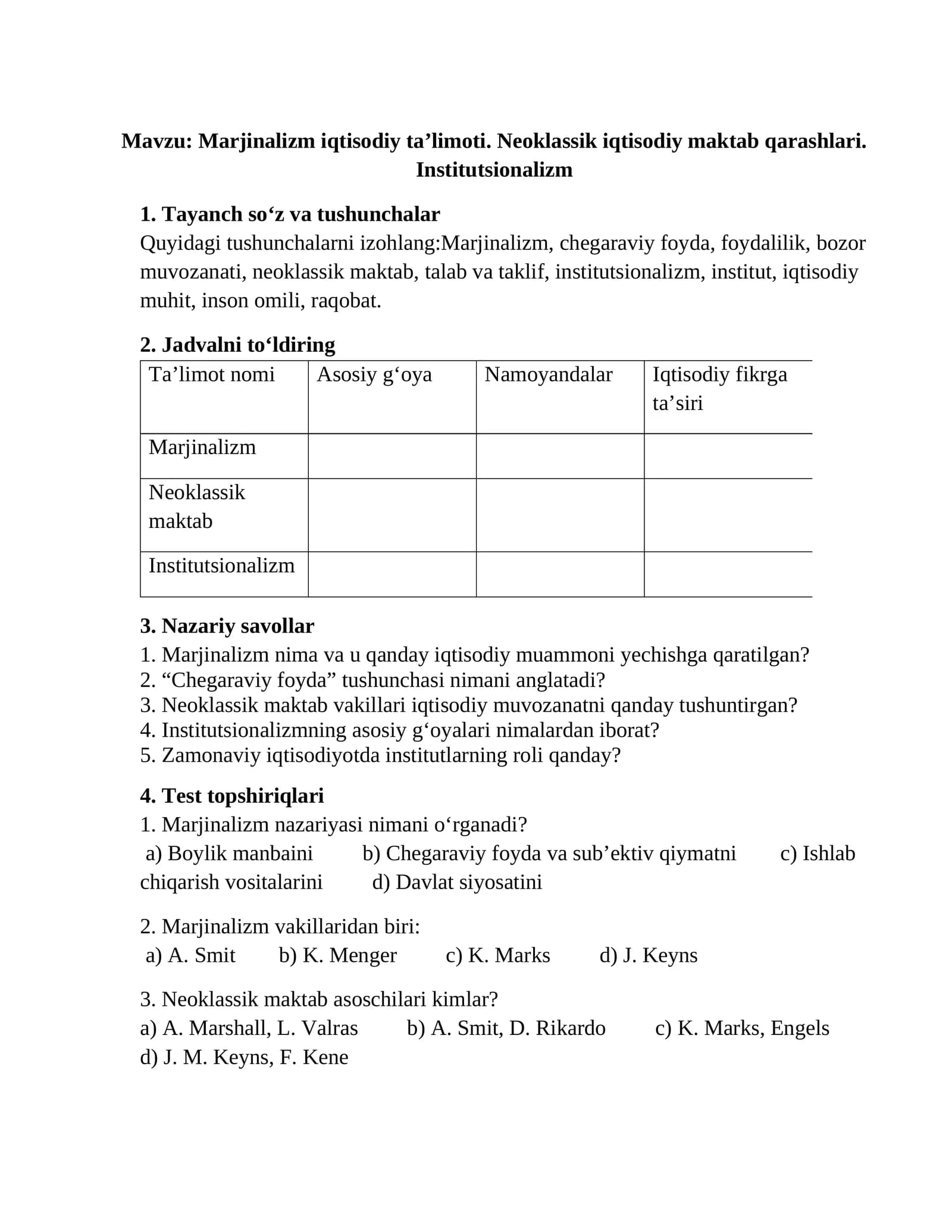 Marjinalizm iqtisodiy ta’limoti. Neoklassik iqtisodiy maktab qarashlari. Institutsionalizm