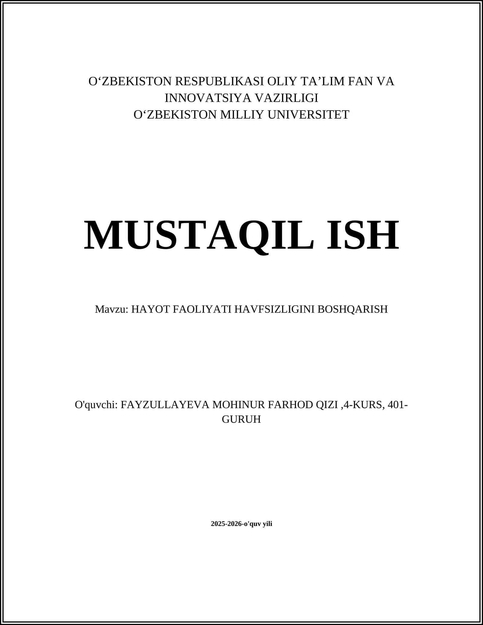 HAYOT FAOLIYATI HAVFSIZLIGINI BOSHQARISH