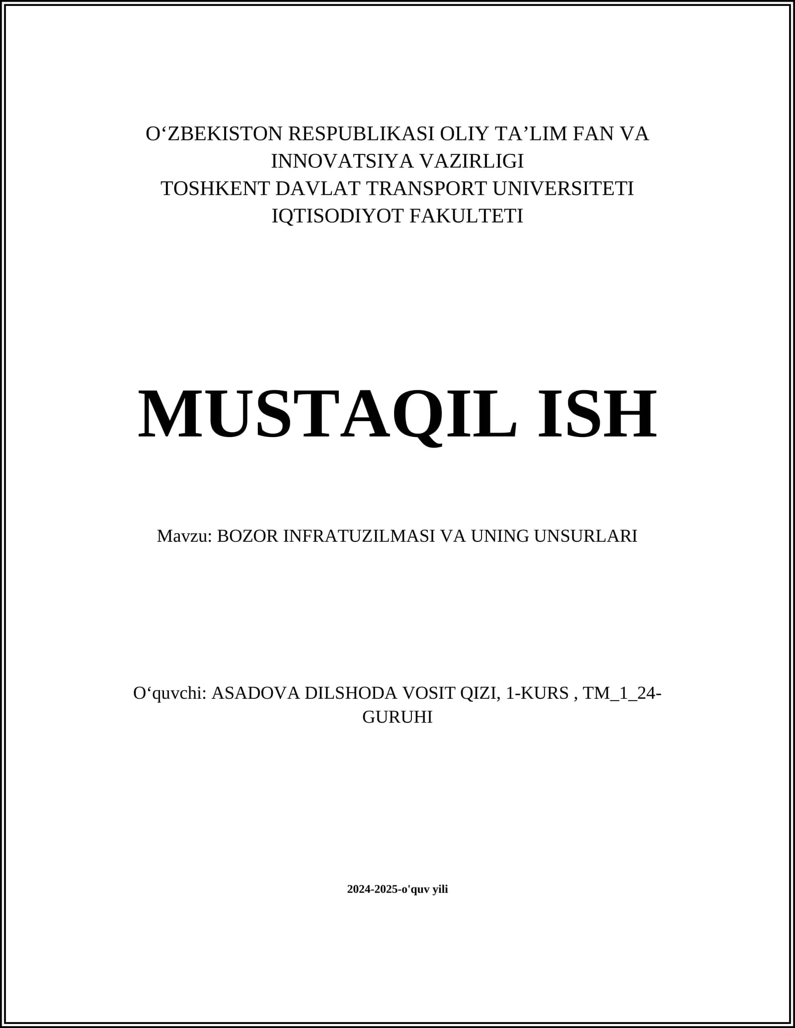 BOZOR INFRATUZILMASI VA UNING UNSURLARI