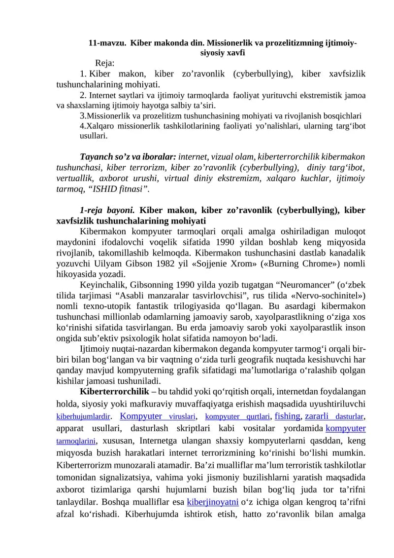 Kiber makonda din. Missionerlik va prozelitizmning ijtimoiy- siyosiy xavfi
