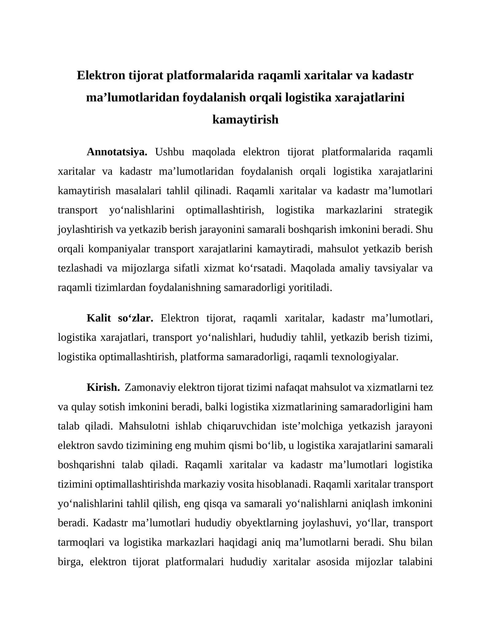Elektron tijorat platformalarida raqamli xaritalar va kadastr ma’lumotlaridan foydalanish orqali logistika xarajatlarini kamaytirish