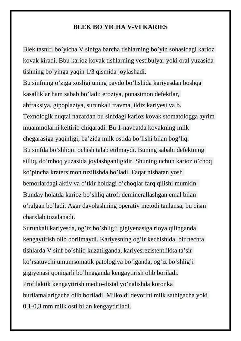 BLEK BO'YICHA V-VI KARIES