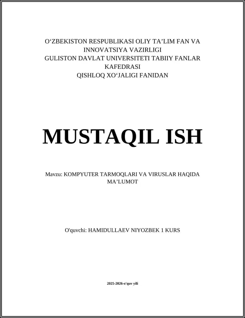 KOMPYUTER TARMOQLARI VA VIRUSLAR HAQIDA MAʼLUMOT