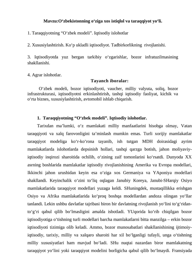 Taraqqiyotning “O‘zbek modeli”. Iqtisodiy islohotlar