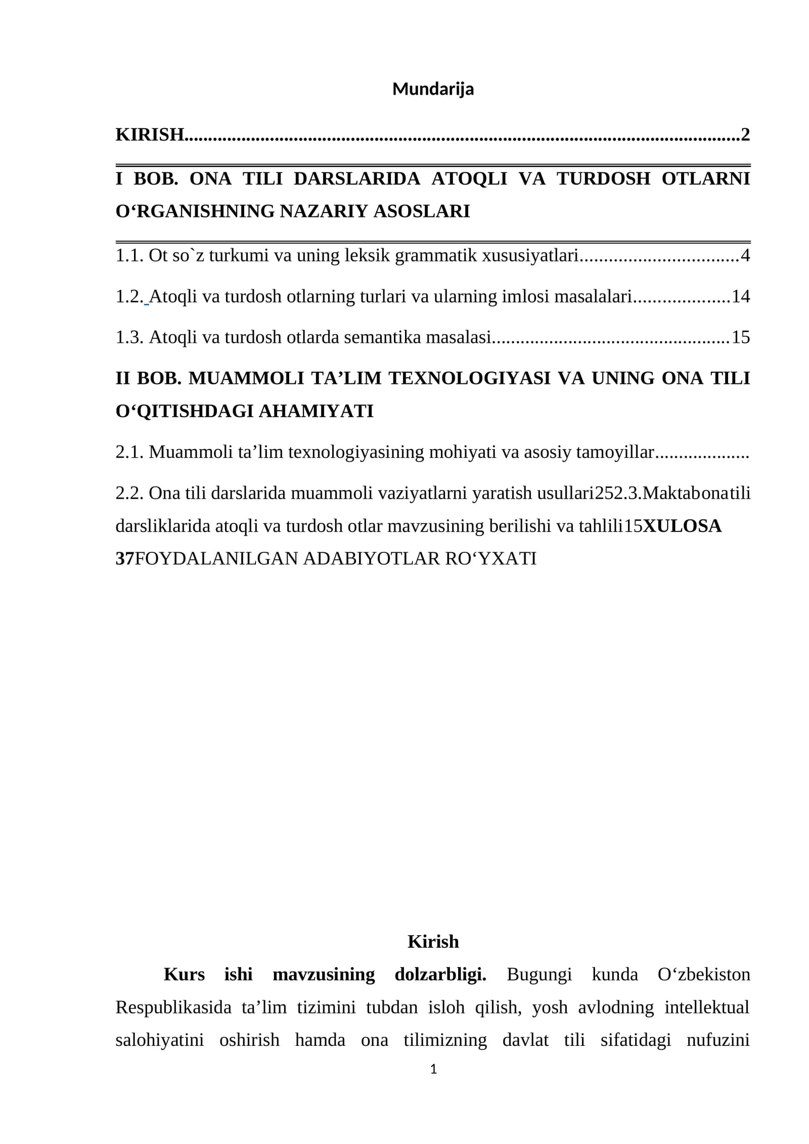 ONA TILI DARSLARIDA ATOQLI VA TURDOSH OTLARNI O‘RGANISHNING NAZARIY ASOSLARI