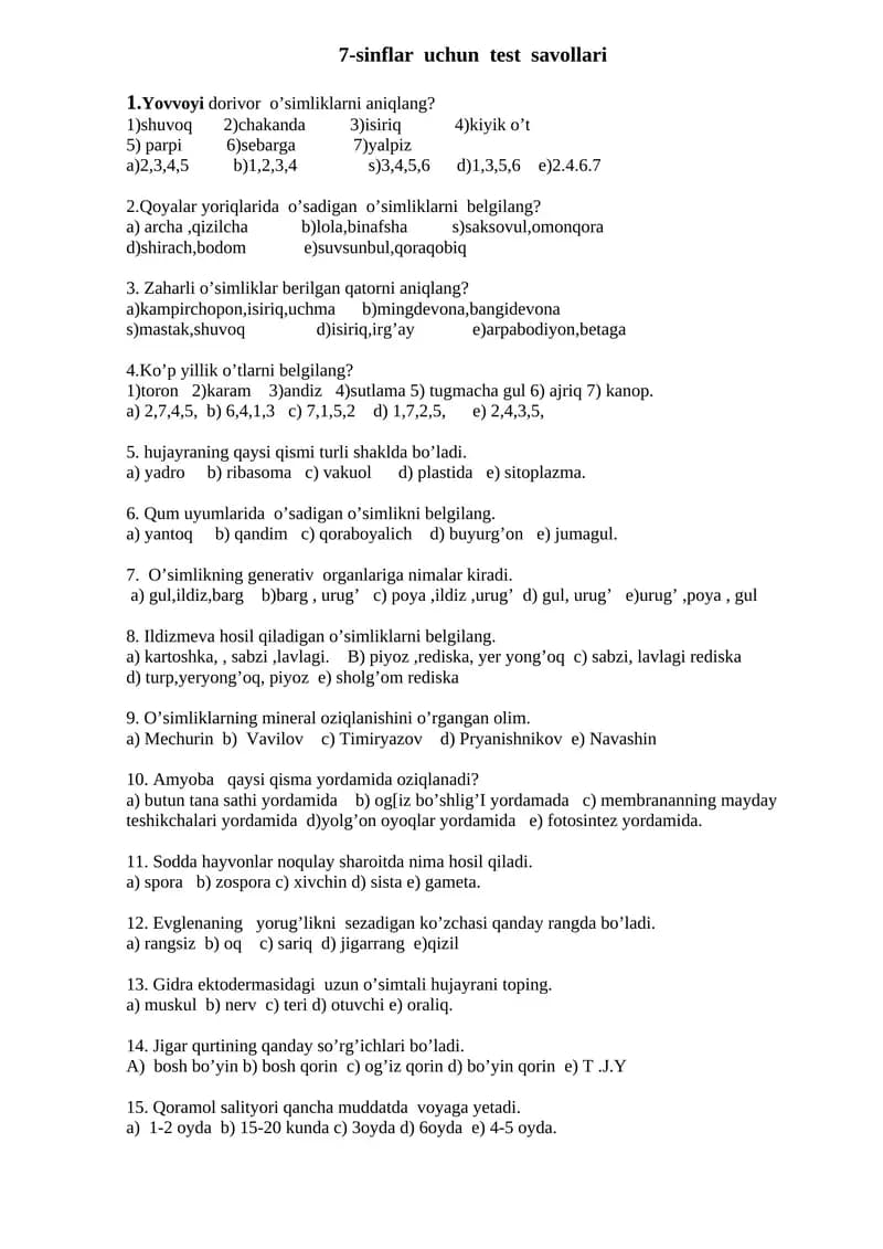 7-sinflar uchun test savollari