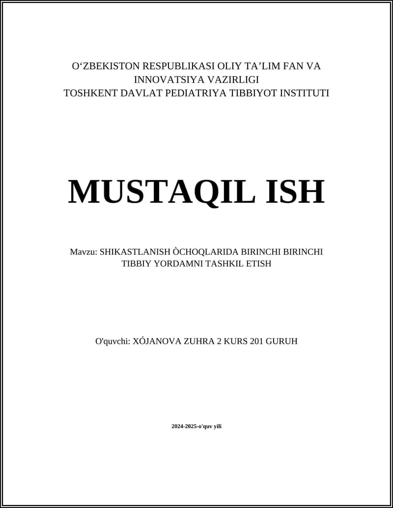 SHIKASTLANISH ÒCHOQLARIDA BIRINCHI BIRINCHI TIBBIY YORDAMNI TASHKIL ETISH