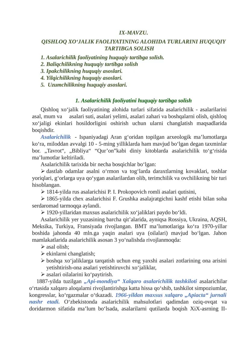 Asalarichilik faoliyatini huquqiy tartibga solish