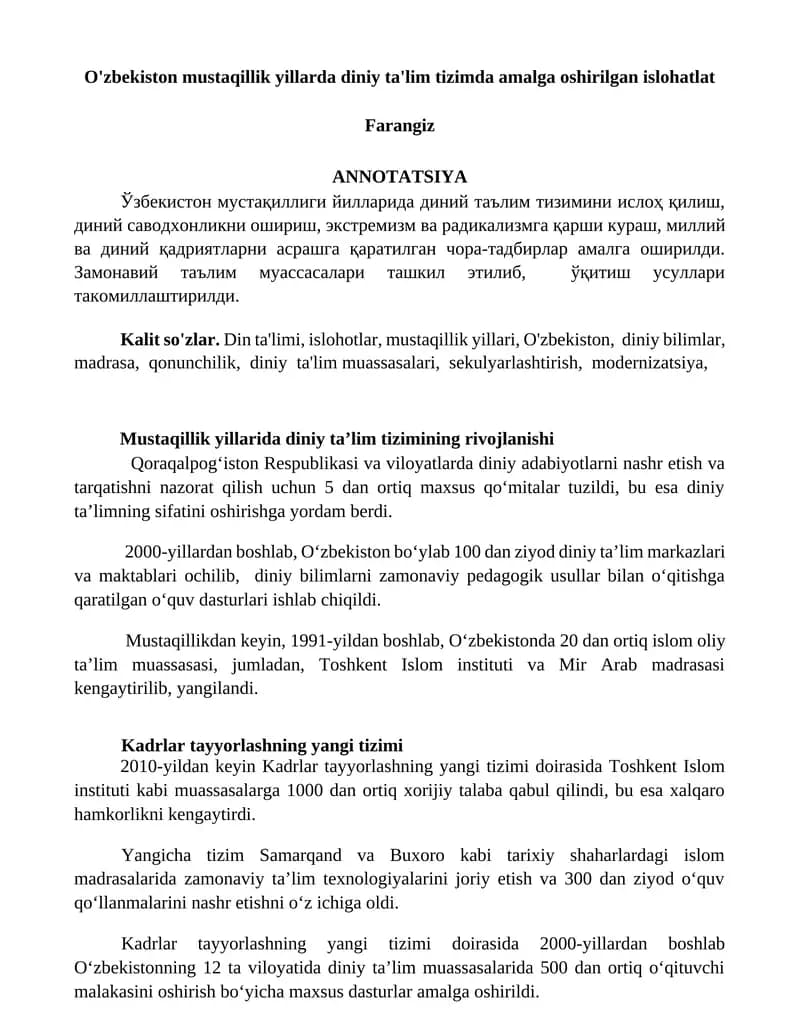 Mustaqillik yillarida diniy ta’lim tizimining rivojlanishi