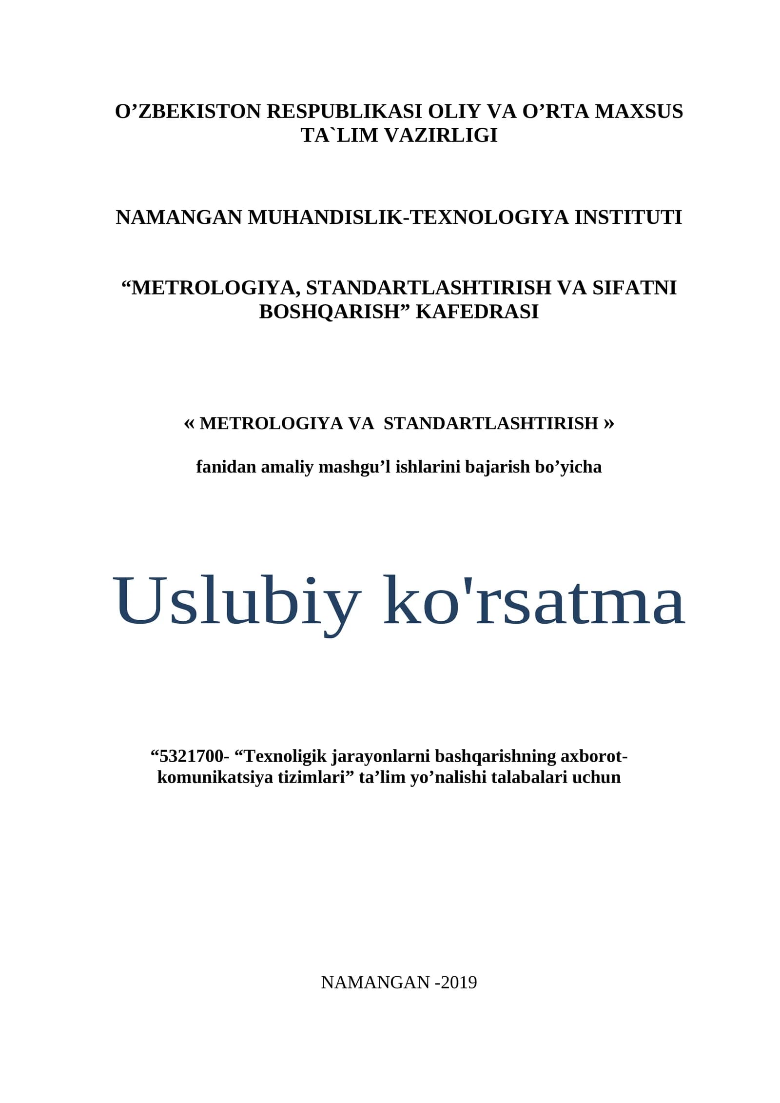 METROLOGIYA VA STANDARTLASHTIRISH