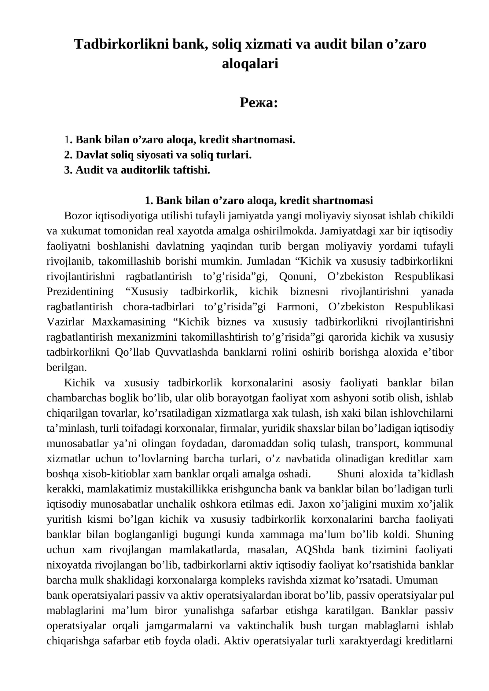 Tadbirkorlikni bank, soliq xizmati va audit bilan o’zaro aloqalari