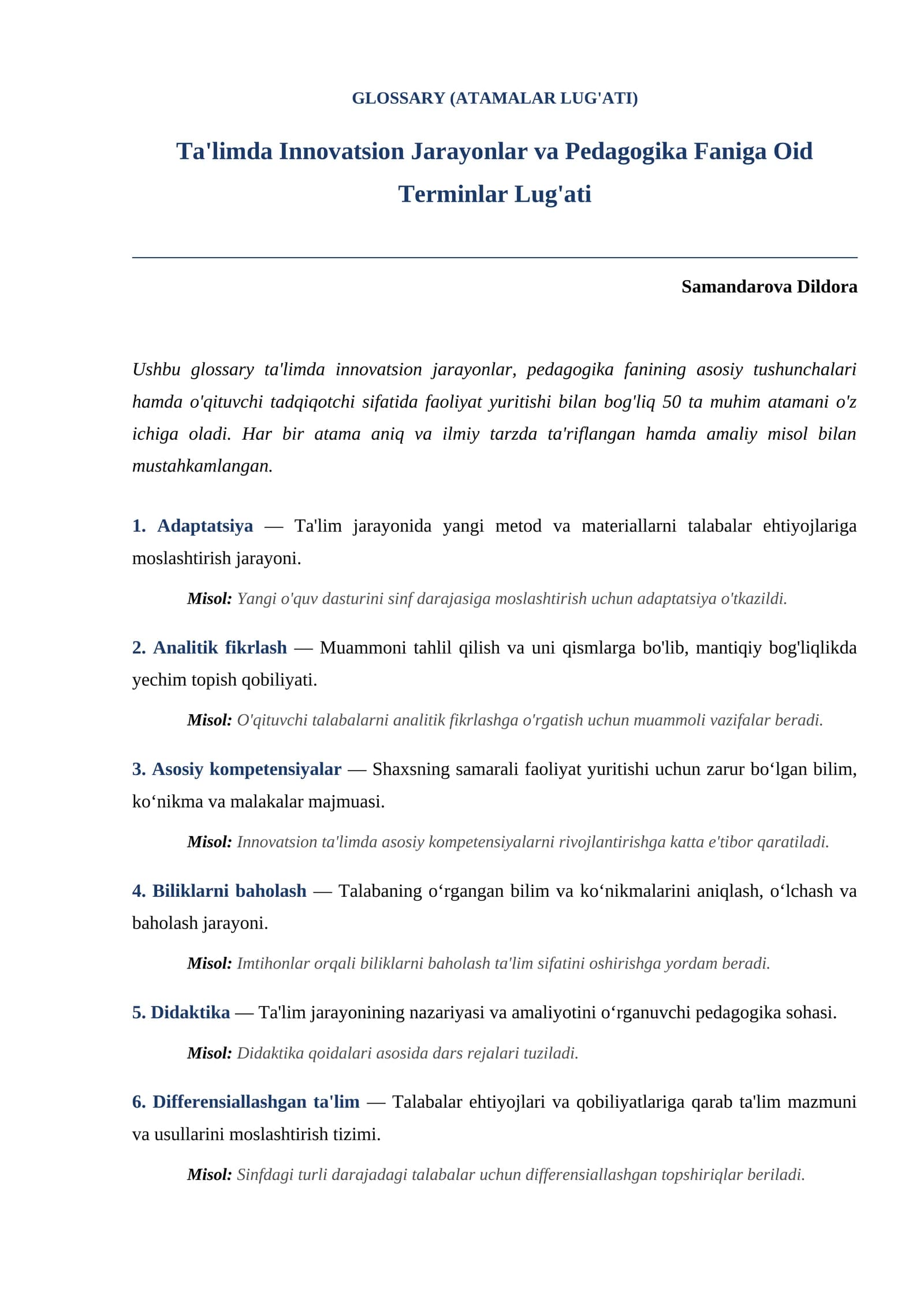 Ta'limda Innovatsion Jarayonlar va Pedagogika Faniga Oid Terminlar Lug'ati