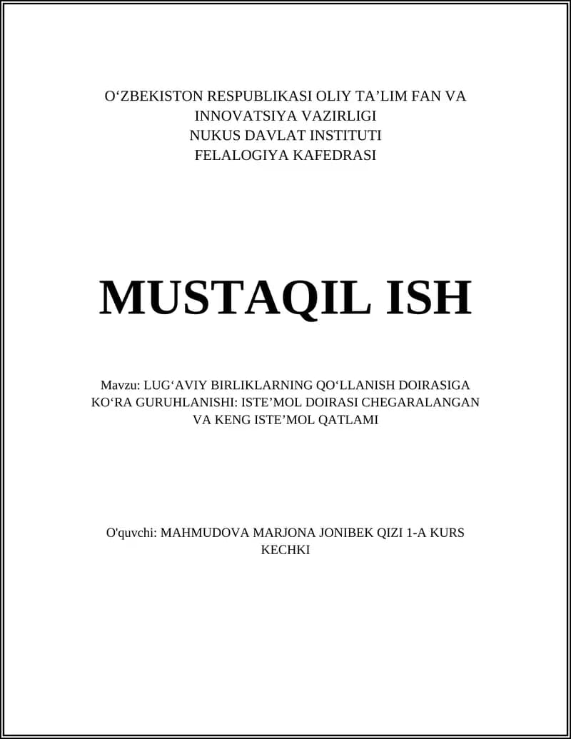 LUGʻAVIY BIRLIKLARNING QOʻLLANISH DOIRASIGA KOʻRA GURUHLANISHI