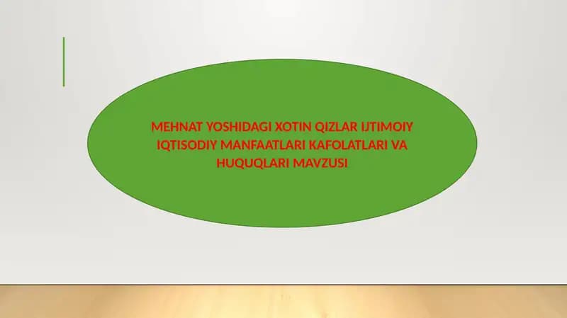 MEHNAT YOSHIDAGI XOTIN QIZLAR IJTIMOIY IQTISODIY MANFAATLARI KAFOLATLARI VA HUQUQLARI MAVZUSI