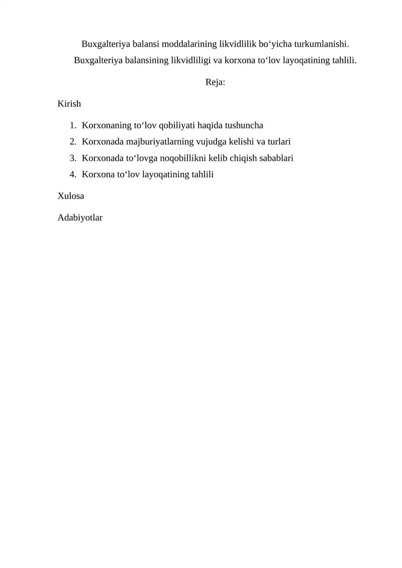 Buxgalteriya Balansi Moddalarining Likvidlilik Bo‘yicha Turkumlanishi