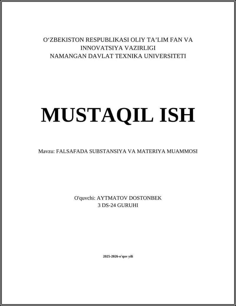 FALSAFADA SUBSTANSIYA VA MATERIYA MUAMMOSI