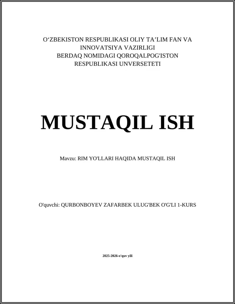 RIM YO'LLARI HAQIDA MUSTAQIL ISH