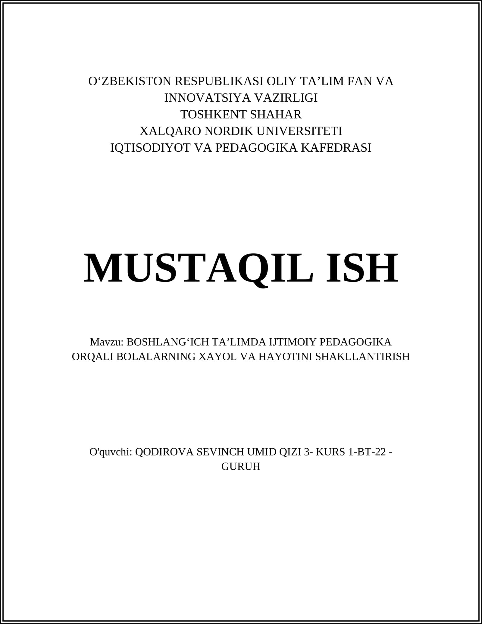 BOSHLANGʻICH TA’LIMDA IJTIMOIY PEDAGOGIKA
