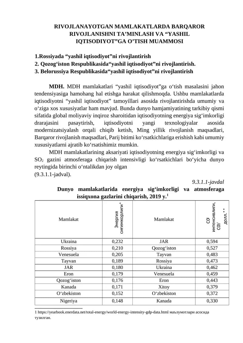 Rossiyada “yashil iqtisodiyot”ni rivojlantirish