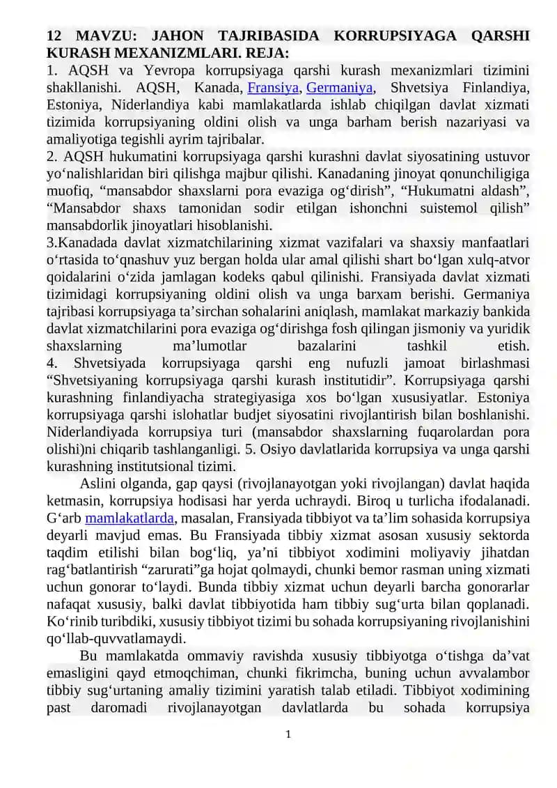 JAHON TAJRIBASIDA KORRUPSIYAGA QARSHI KURASH MEXANIZMLARI