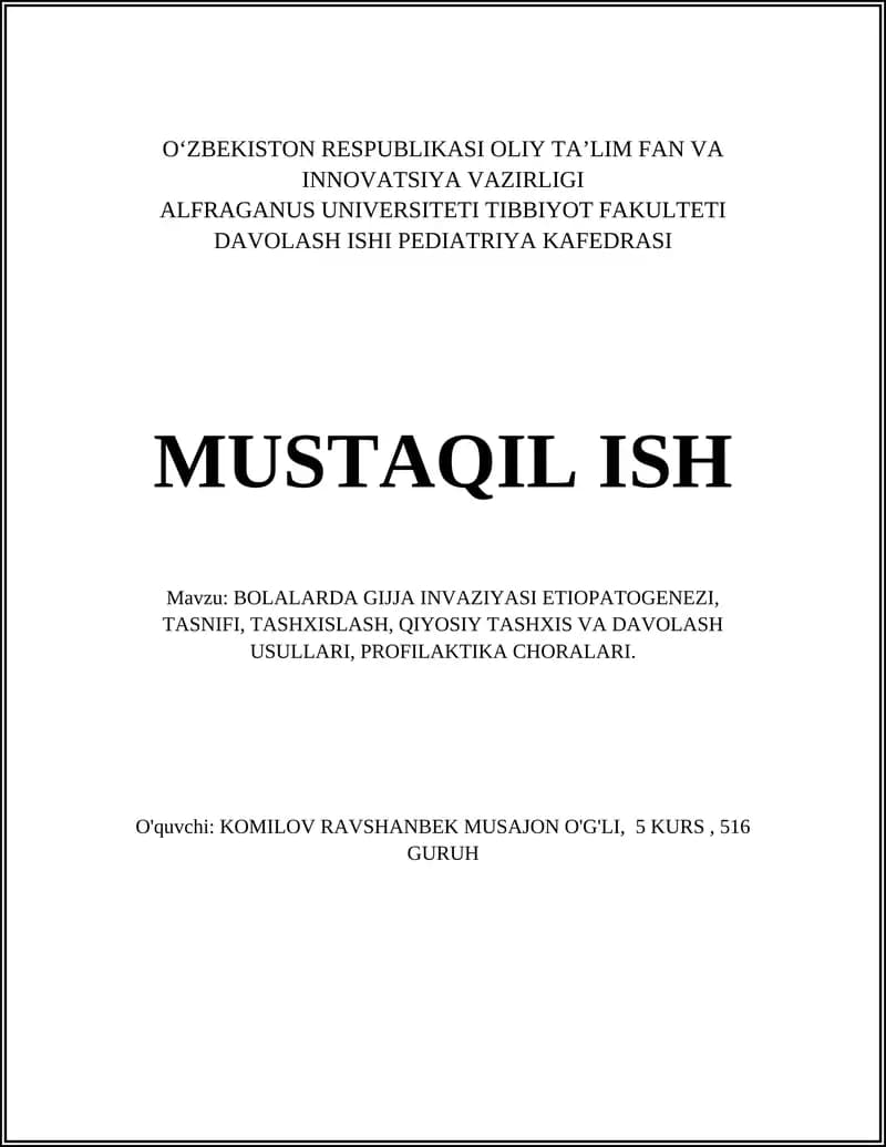 Bolalarda Gijja Invaziyasi Etiologiyasi