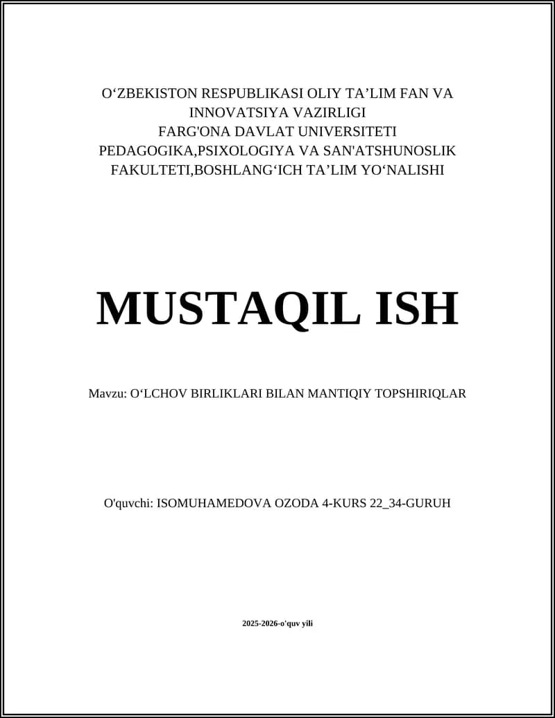 OʻLCHOV BIRLIKLARI BILAN MANTIQIY TOPSHIRIQLAR