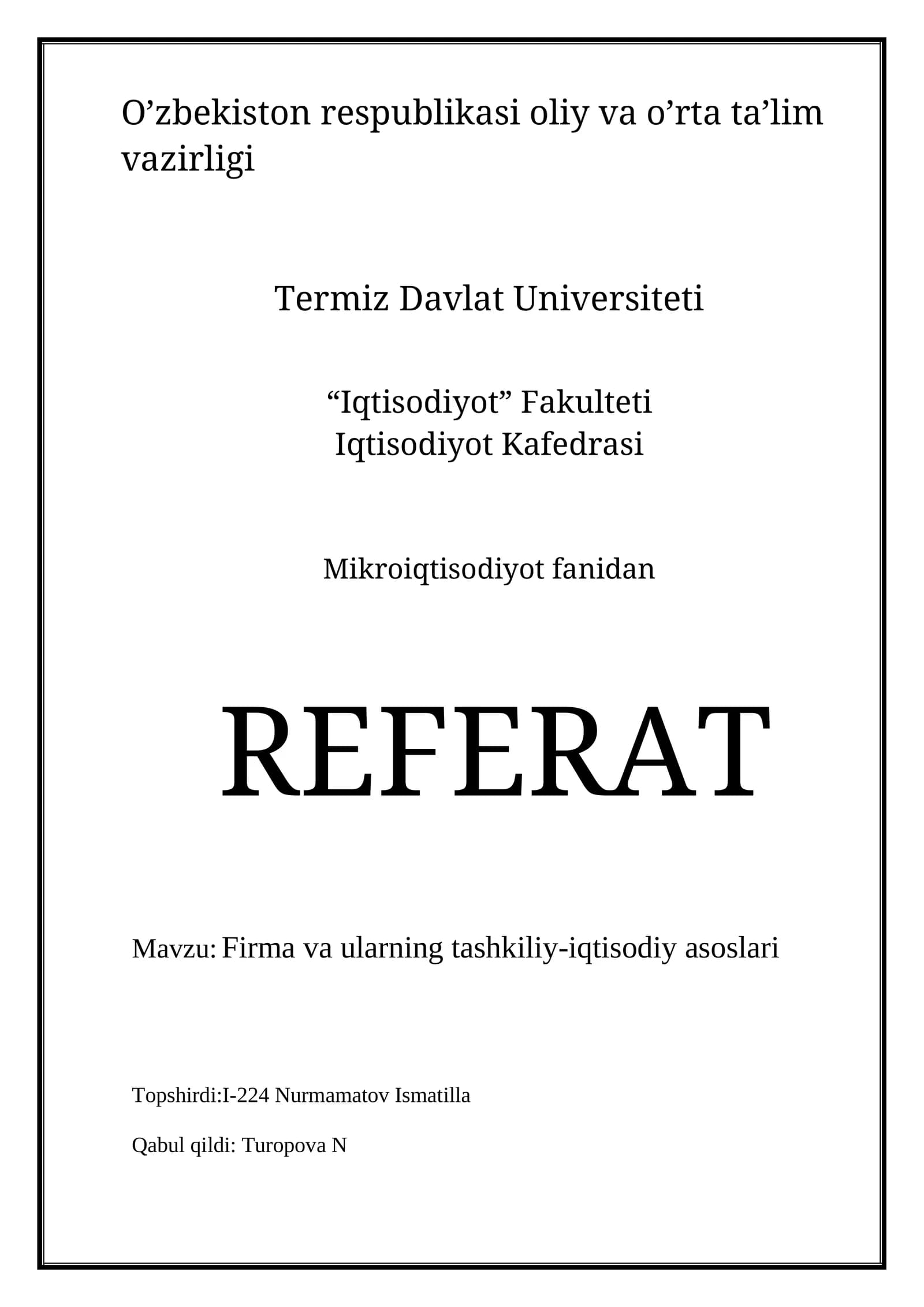 Mikroiqtisodiyot fanidan REFERAT
