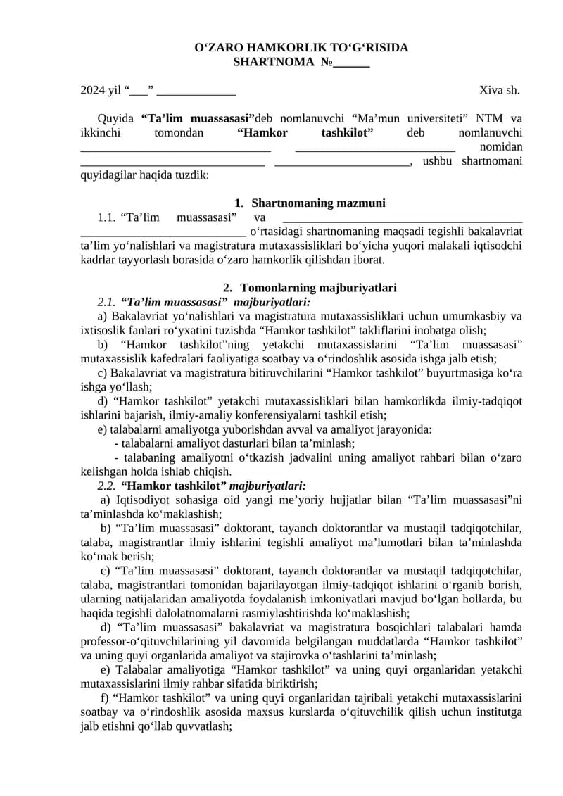 Ta’lim muassasasi va Hamkor tashkiloti bilan hamkorlik shartnomasi