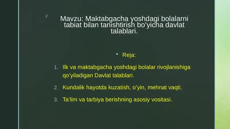 Maktabgacha yoshdagi bolalarni tabiat bilan tanishtirish boʻyicha davlat talablari