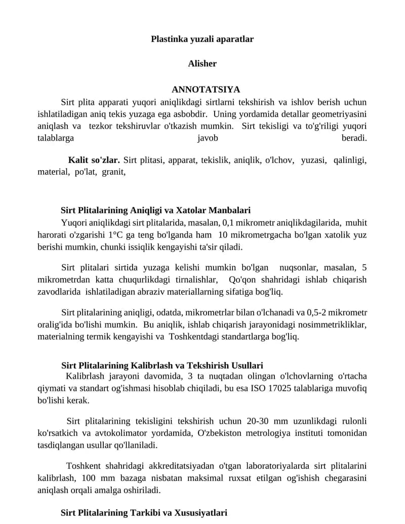 Sirt Plitalarining Aniqligi va Xatolar Manbalari