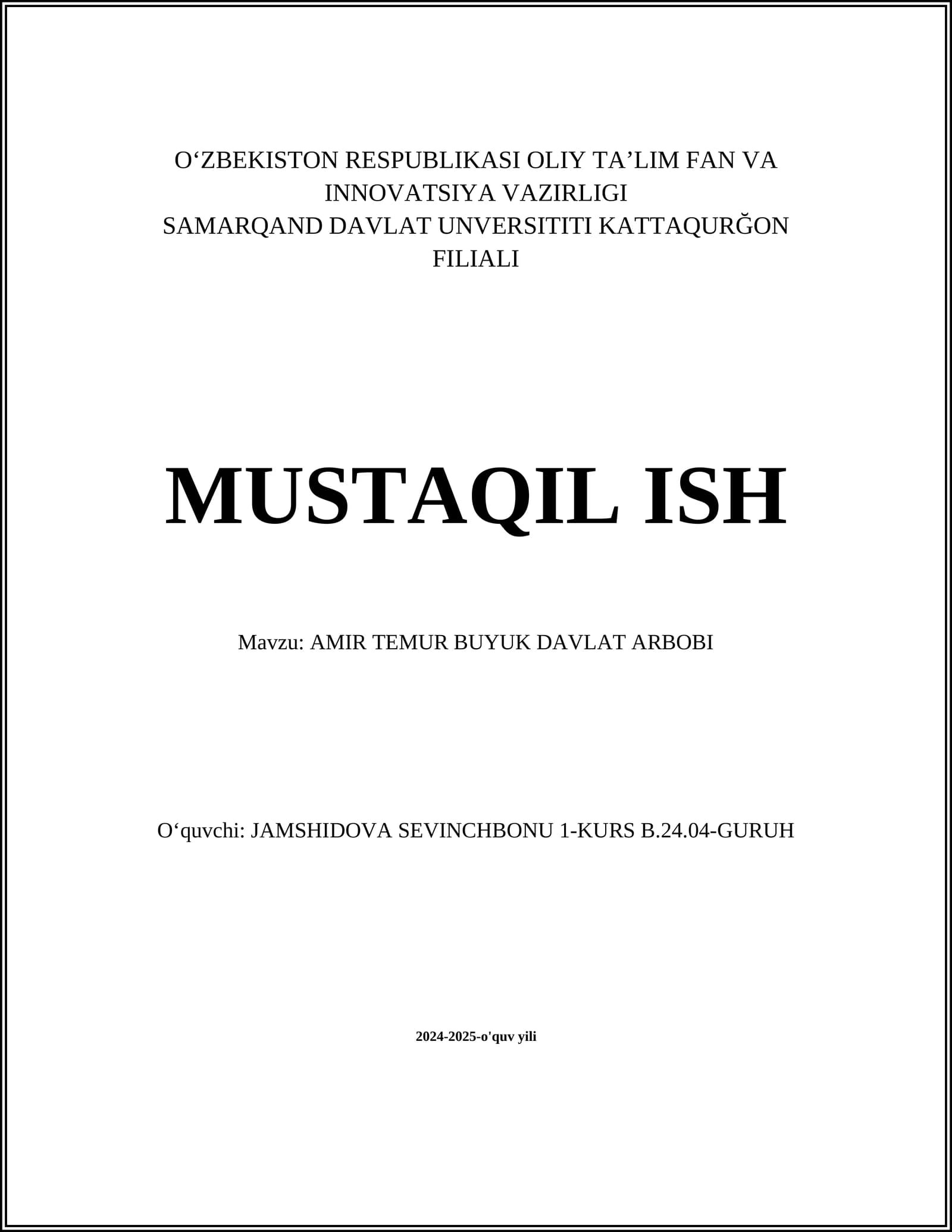 AMIR TEMUR BUYUK DAVLAT ARBOBI