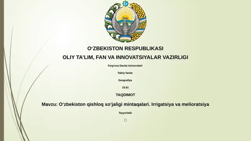 O‘zbekistоn qishloq xo‘jaligi mintaqalari. Irrigatsiya va melioratsiya