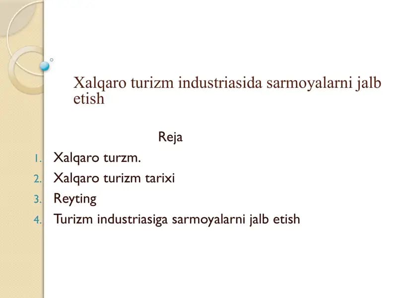 Xalqaro turizm sarmoyalarni jalb etish
