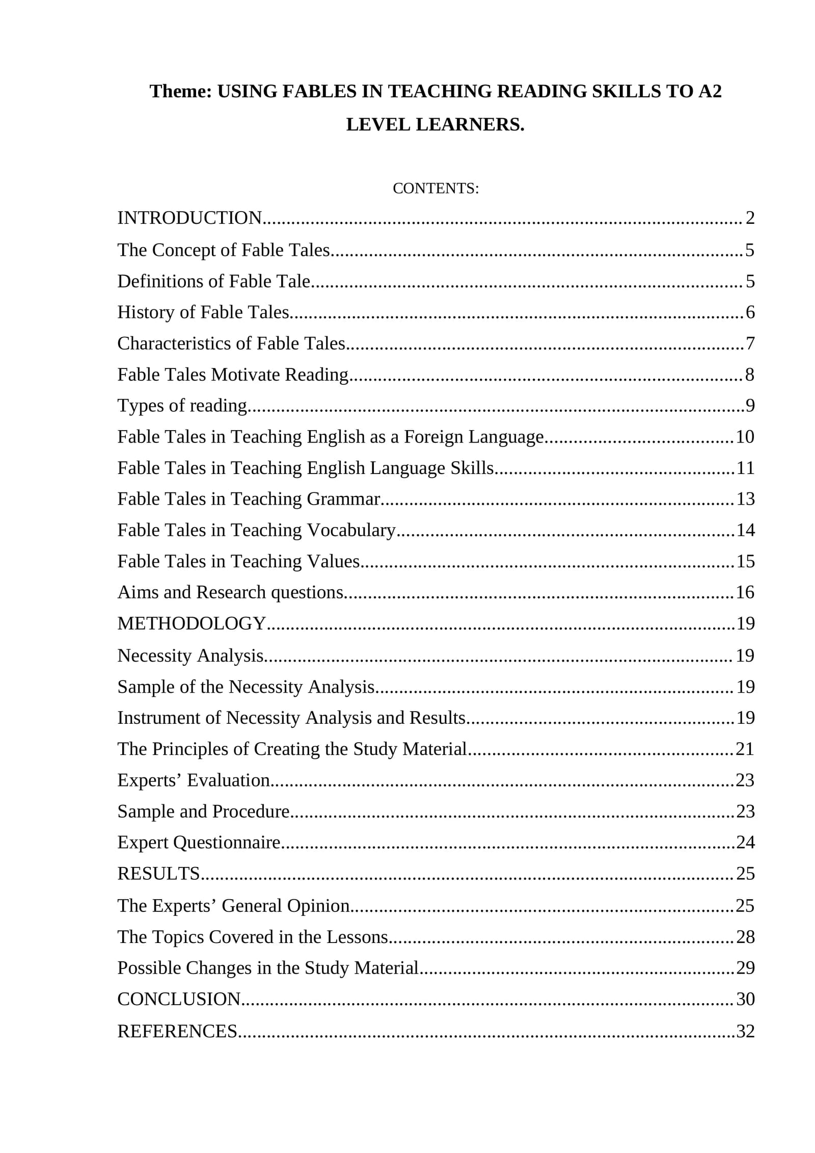 USING FABLES IN TEACHING READING SKILLS TO A2 LEVEL LEARNERS