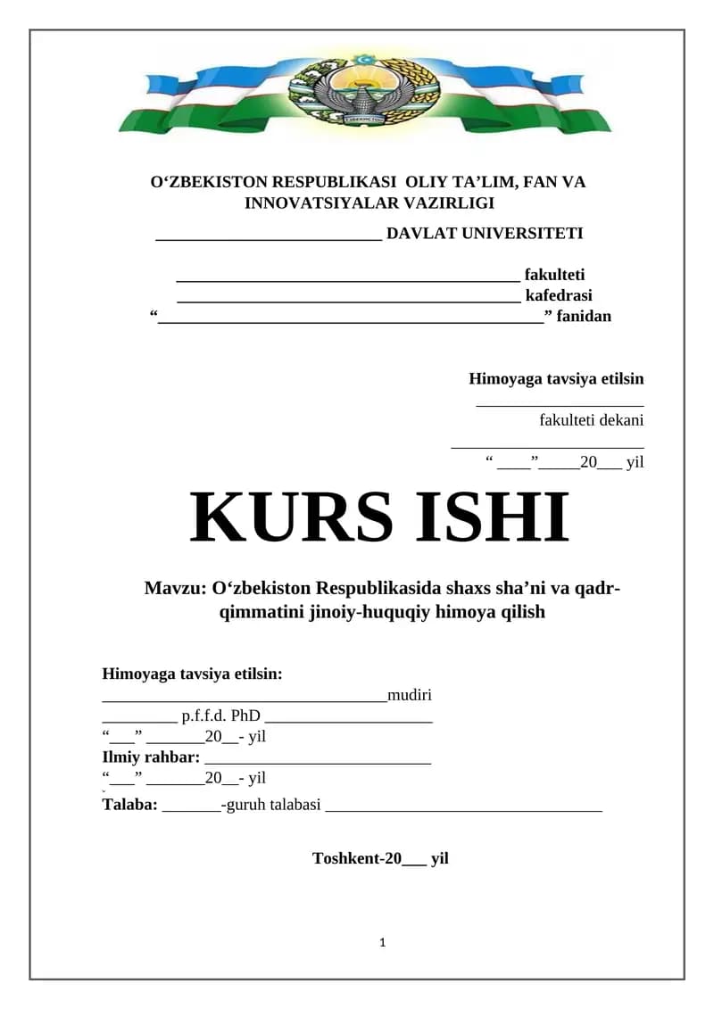 O’zbekiston Respublikasida shaxs sha’ni va qadr-qimmatini jinoiy-huquqiy himoya qilish