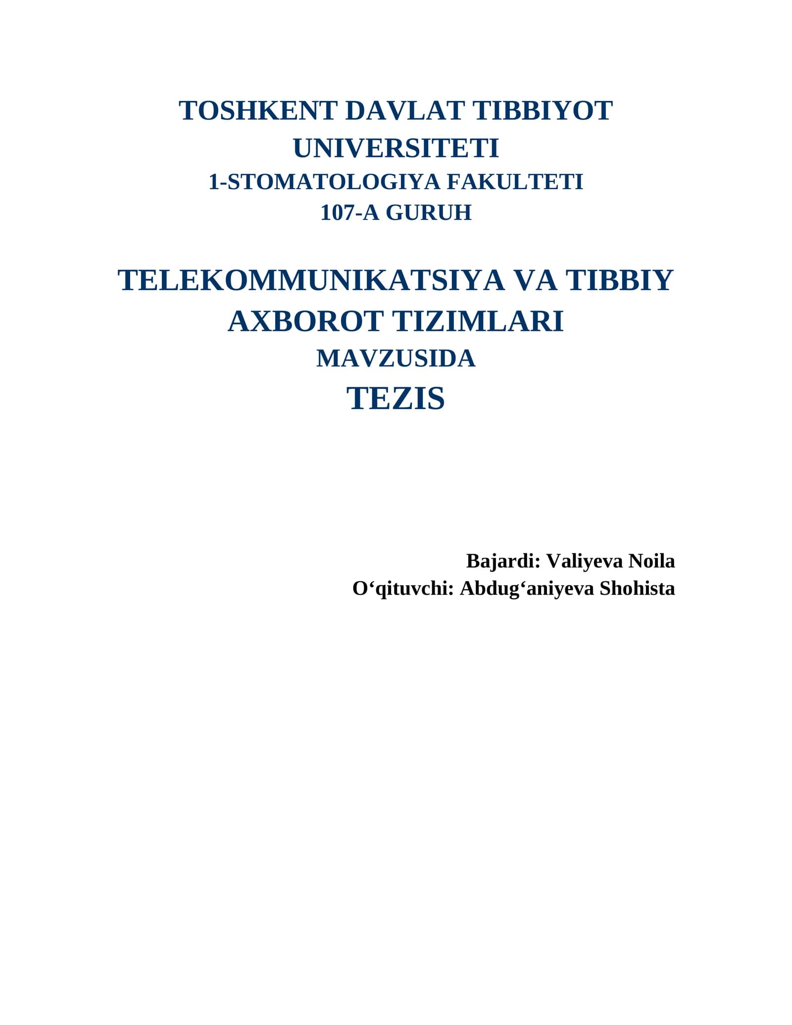 TELEKOMMUNIKATSIYA VA TIBBIY AXBOROT TIZIMLARI