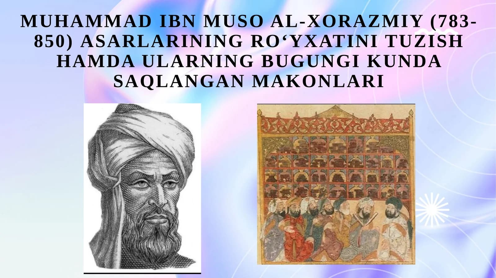 Muhammad ibn Muso al-Xorazmiy (783-850) asarlarining roʻyxatini tuzish hamda ularning bugungi kunda saqlangan makonlari