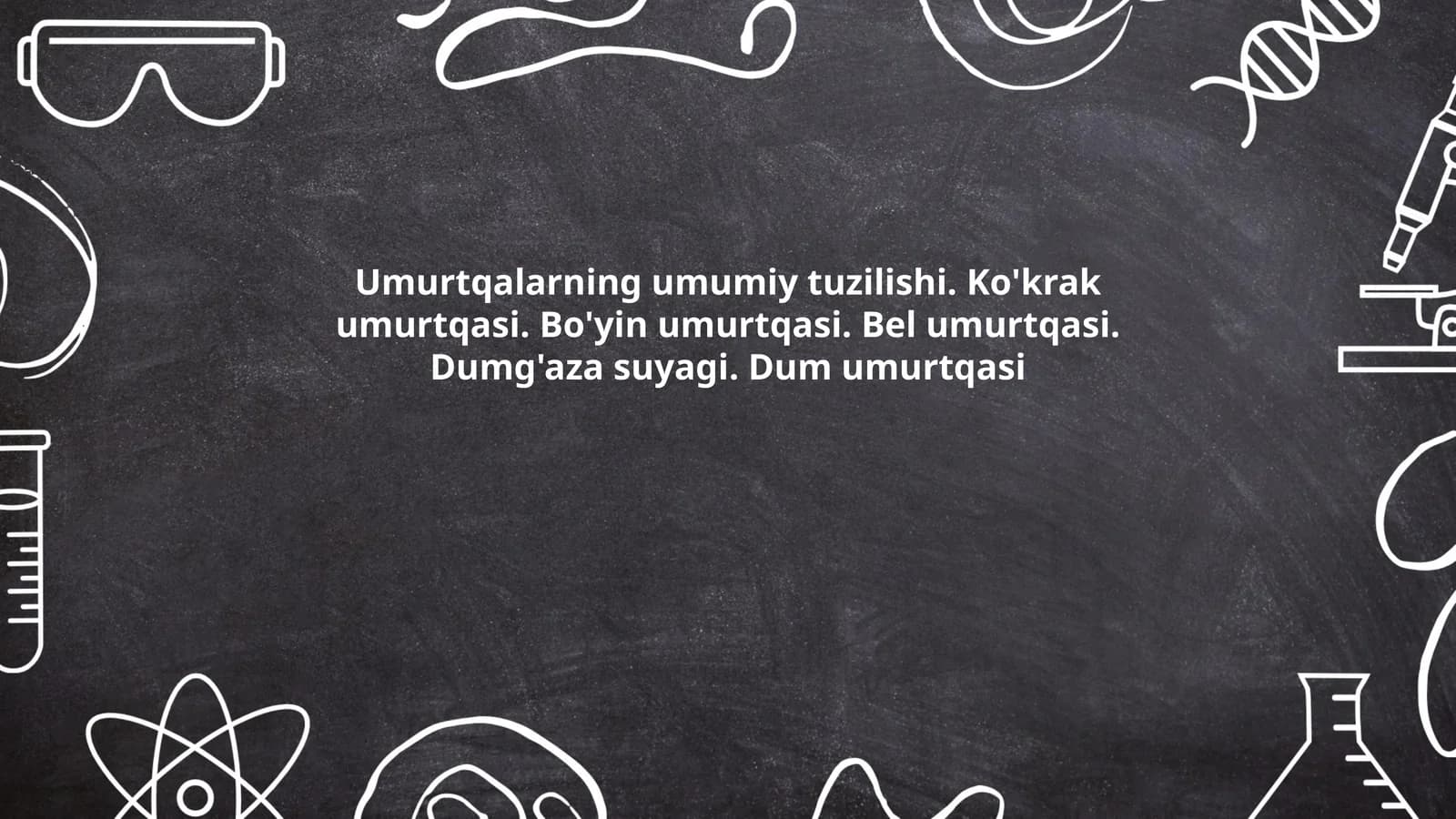 Umurtqalarning umumiy tuzilishi. Ko'krak umurtqasi. Bo'yin umurtqasi. Bel umurtqasi. Dumg'aza suyagi. Dum umurtqasi