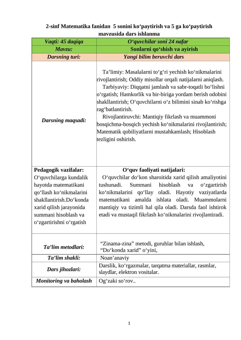 2-sinf Matematika fanidan 5 sonini ko‘paytirish va 5 ga ko‘paytirish mavzusida dars ishlanma