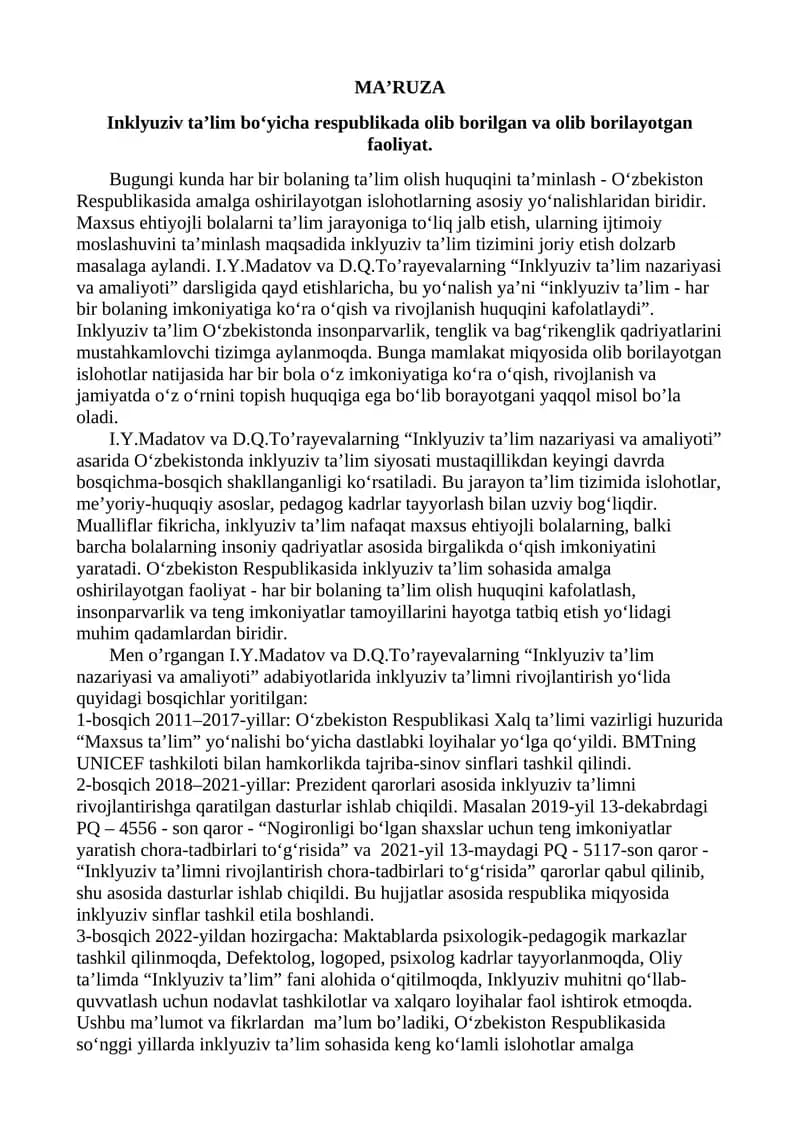 Inklyuziv ta’lim bo‘yicha respublikada olib borilgan va olib borilayotgan faoliyat.
